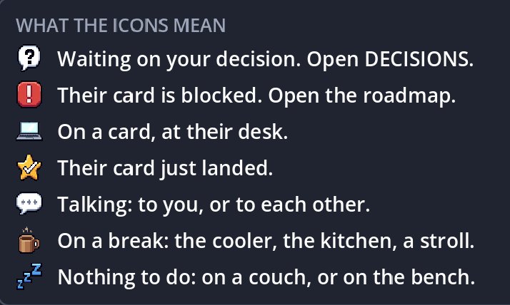 WHAT THE ICONS MEAN: waiting on you, blocked, on a card, landed, talking, on a break, idle