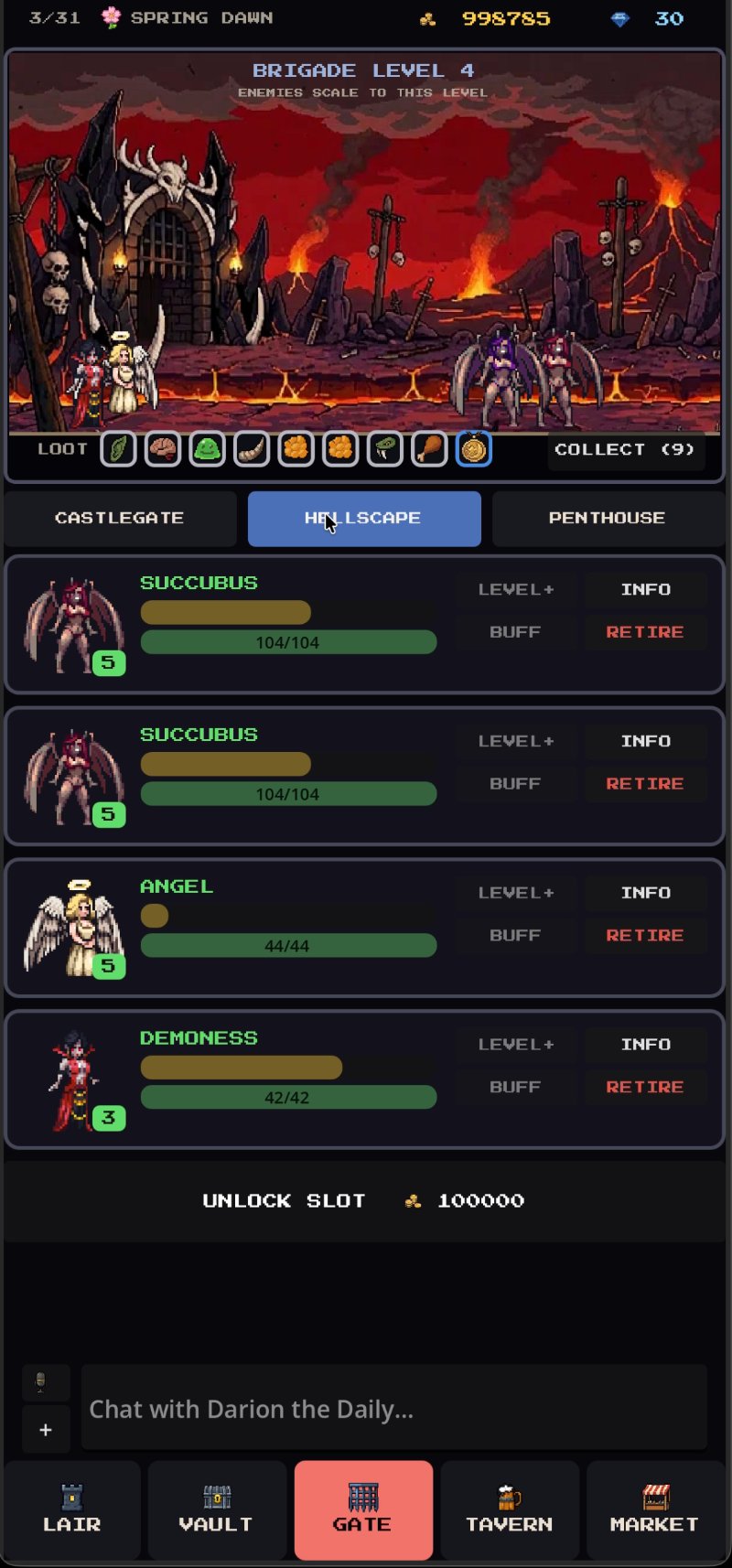 The Gate, Hellscape level: succubi, an angel and a demoness on a lava field