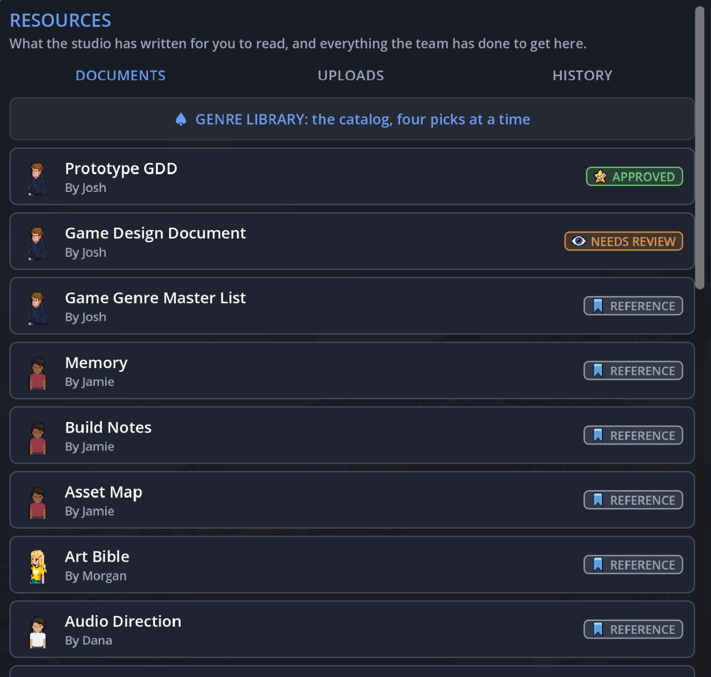 RESOURCES: the documents the studio wrote, with approval state