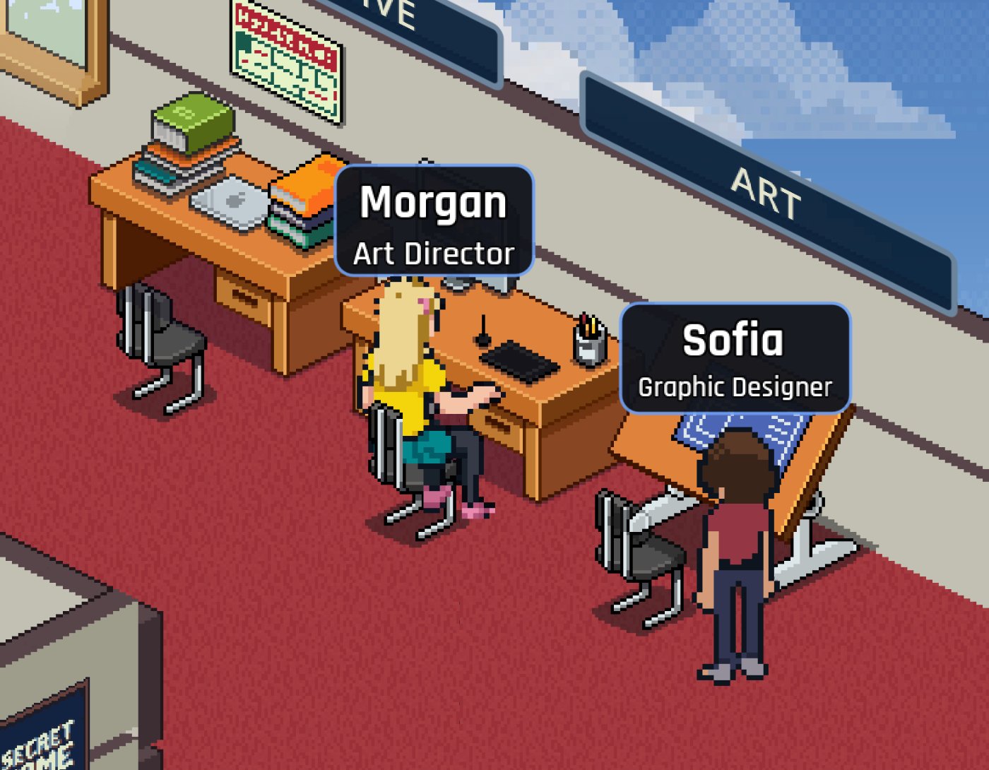 Morgan, Art Director, and Sofia, Graphic Designer, in the Art room